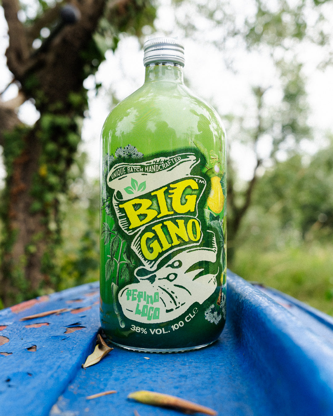 Big Gino Pepino Loco 1L, gin artigianale al cetriolo e limoni pugliesi, bottiglia in primo piano