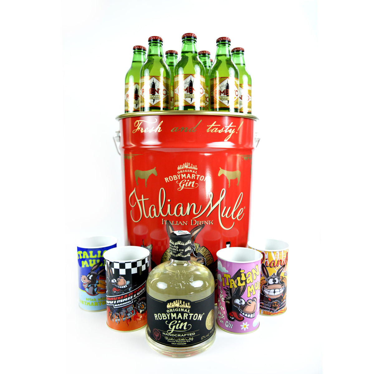 Italian Mule Pouf Box, kit Roby Marton Gin e Pimento con accessori, confezione in primo piano