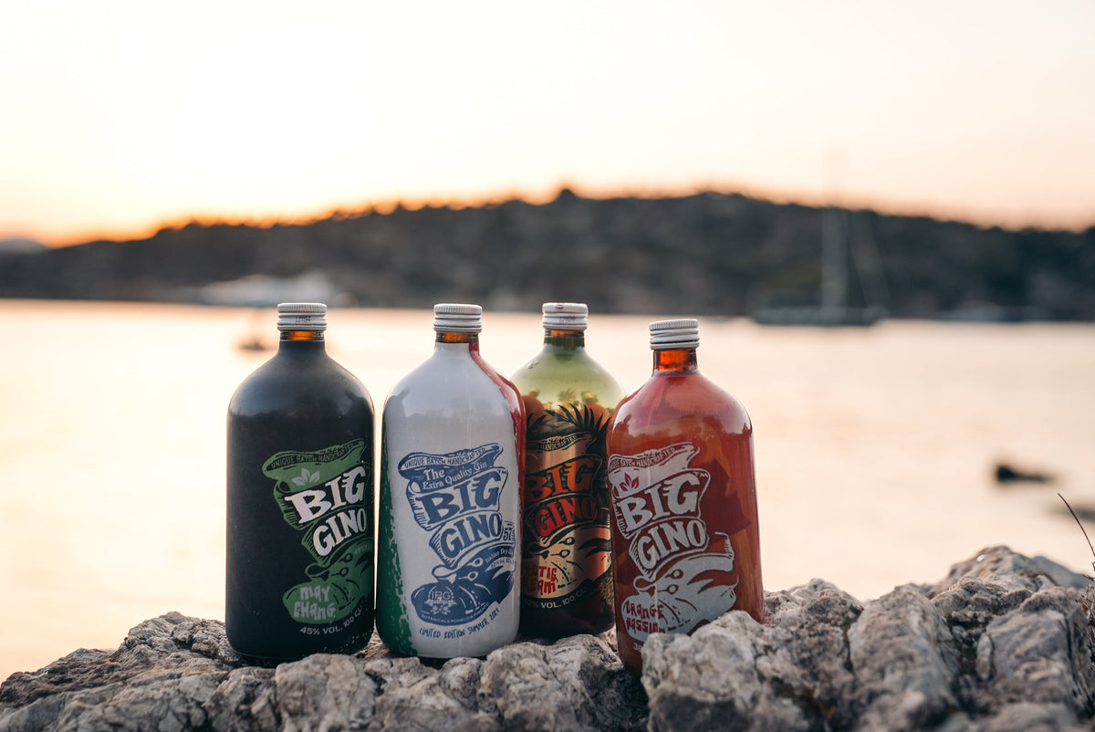 Bottiglie di gin Big Gino da 1 litro sugli scogli al tramonto