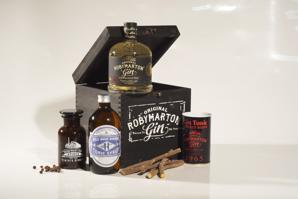 Cassa Gin Tonic Roby Marton, kit completo per il gin tonic perfetto, confezione in primo piano