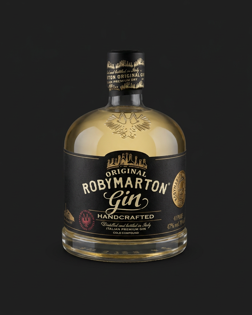 RobyMarton Gin Handcrafted su fondo scuro con luce neutra